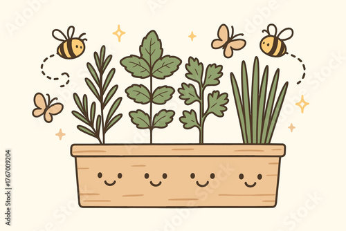 Herbs and Doodle Critters. Sweet doodle vector illustration of smiling herbs peeking out of a planter box with doodle bees,