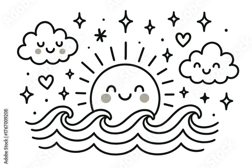 Doodle Sunset Joy. Charming doodle vector composition of a smiling sunset dipping behind doodle waves, surrounded by sparkly stars