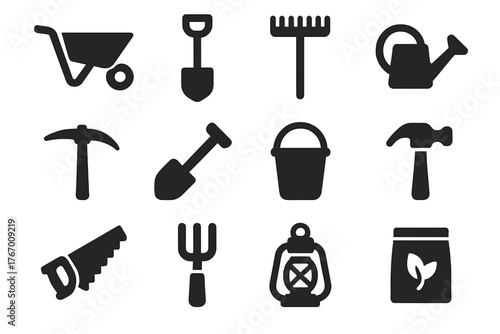 Gnome Tools Icons. Solid style icons of Gnome Tools: wheelbarrow, spade, rake, watering can, pickaxe, hoe, bucket, hammer, saw,