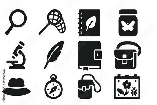 Nature Observation Tools. Solid style icons of Nature Observation: Magnifying Glass, Butterfly Net, Sketchbook, Specimen Jar,