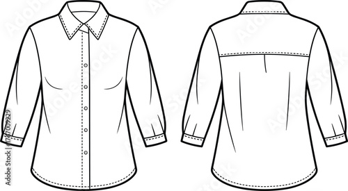 Women's shirt technical sketch, fashion flat drawing, button-up blouse design, three-quarter sleeve, dart shaping, garment construction, clothing template, vector illustration