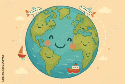 Playful World Adventure. Adorable globe with smiling continents, tiny airplanes and boats circling playfully