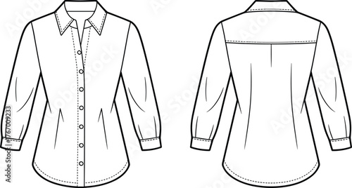 Women's shirt technical drawing, fashion flat sketch, button-up blouse design, long sleeve, princess seam, garment construction, clothing template, vector illustration