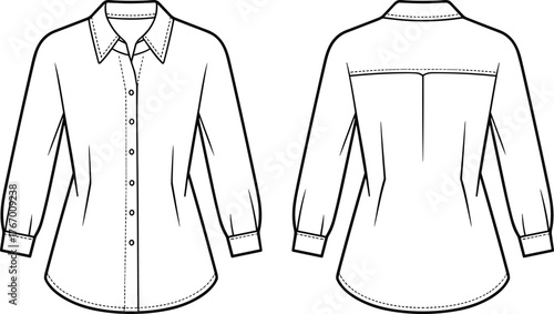 Women's shirt technical sketch, fashion flat drawing, button-up blouse design, three-quarter sleeve, garment construction, apparel template, clothing illustration, vector outline