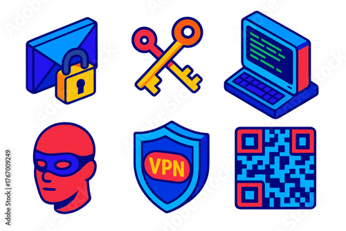 Cybersecurity Icon Set. Isometric vector illustration set Cypherpunk: Encrypted Message, Keypair, Computer Terminal, Privacy, VPN
