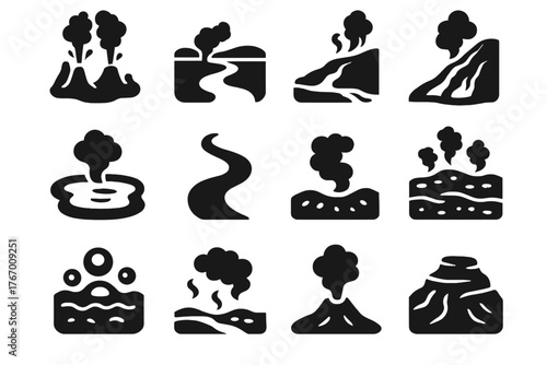 Thermal Landscape Icons. Solid style icons of Thermal Landscapes: geyser field, hot spring river, mineral slope, steaming pond,