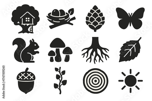 Nature Treehouse Icons. Solid style icons of Nature and forest around treehouses: leafy canopy, birds nest, pinecone, butterfly,