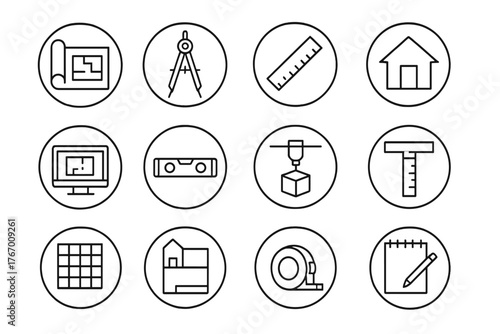 Architectural Tools Icons. Line style round icons of architectural tools: blueprint roll, drafting compass, scale ruler, model