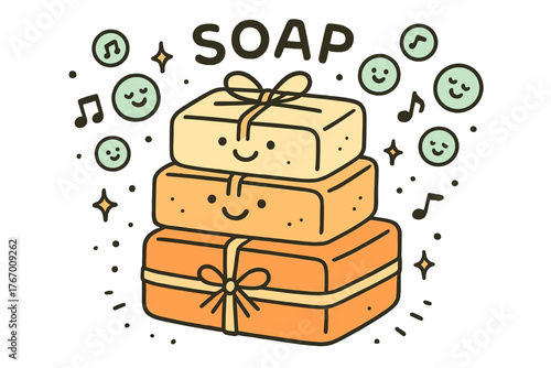 Joyful Soap Display. Playful doodle vector composition of cured soap bars stacked neatly with happy faces, wrapped in ribbons and