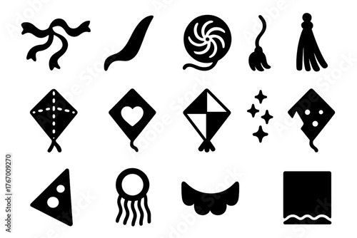 Kite Accessory Icons. Solid style icons of Kite decorations and accessories: ribbon tail, streamer, spinning disc, tassel end,