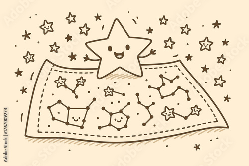 Happy Star Map. Cute doodle vector design of a happy star map spread out on the ground, with smiling constellations and tiny