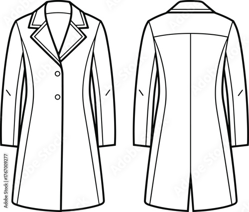 Women's tailored coat technical sketch, front and back view, fashion flat drawing, garment design, pattern making, clothing illustration, structured silhouette