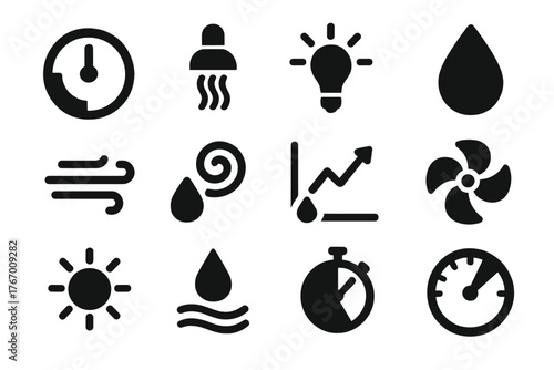Environmental Control Icons. Solid style icons of Environmental controls and climate: humidity meter, heat lamp, light sensor,