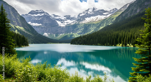 Turquoise lake nestled between pinecovered mountains with snowcapped peaks under a cloudy sky