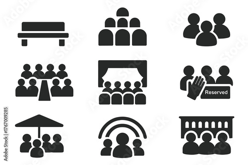 Theater Seating Icons. Solid style icons of Audience and Seating: stone bench, seat row, tiered section, people silhouettes,