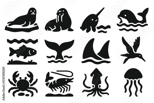 Arctic Sea Life Icons. Solid style icons of Arctic Sea Life: seal on ice, walrus resting, narwhal with tusk, beluga surfacing,