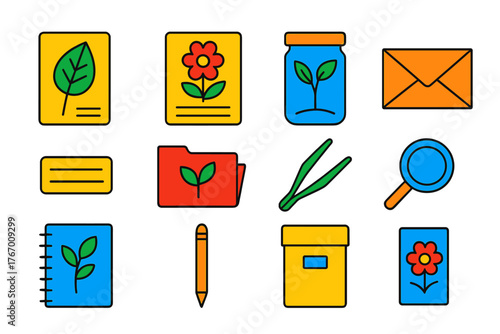 Herbarium Icons Collection. Flat vector icons of Herbarium Collection: pressed leaf, flower specimen, specimen jar, envelope,