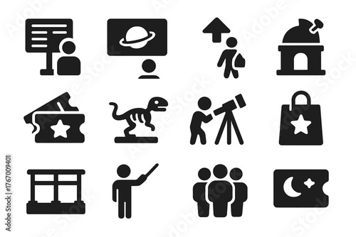 Observatory Feature Icons. Solid style icons of Observatory visitor features: info panel, educational screen, guided tour sign,