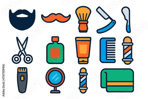 Men's Grooming Icons. Flat vector icons of Men's Grooming: beard, mustache, shaving brush, straight razor, scissors, aftershave,