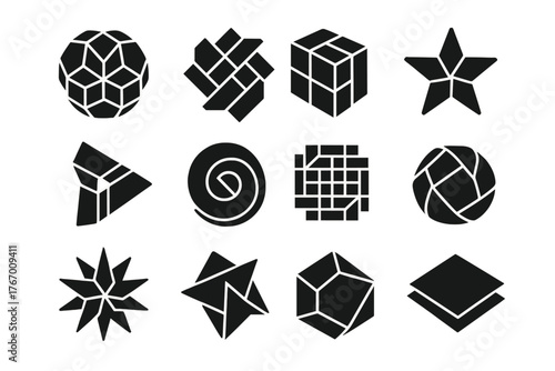 Complex Origami Icons. Solid style icons of Modular and complex origami: kusudama ball, tessellation pattern, modular cube, 3D