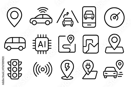 Smart Transportation Icons. Line style round icons of smart transportation: GPS pin, self-driving car, lane assist, ride-hailing