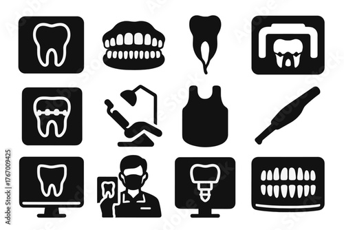 Dental Icon Set. Solid style icons of Dental X-Ray: tooth x-ray, dental jaw, molar root, panoramic scan, bitewing film, dental