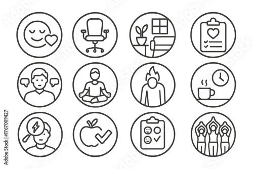 Workplace Wellbeing Icons. Line style round icons of workplace wellbeing: mental health day, ergonomic chair, calm space, wellness