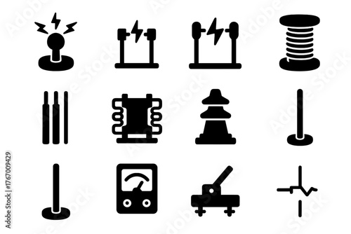 Science Lab Icons. Solid style icons of Science Lab: Tesla Coil, Spark Gap, Electrical Arc, Copper Coil, Wire, Transformer,