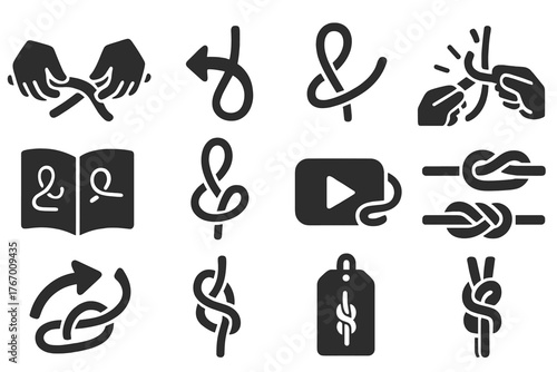 Knot Tying Icons. Solid style icons of Knot Tying Process: hands tying, over-under motion, loop creation, pull tight, training