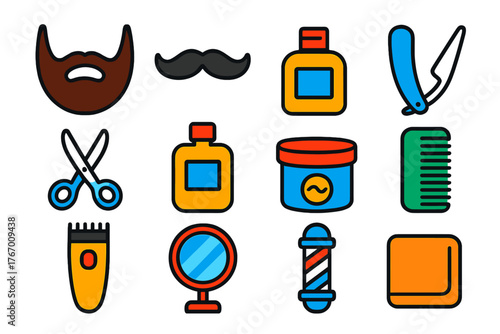 Men's Grooming Icons. Flat vector icons of Men's Grooming: beard, mustache, shaving brush, straight razor, scissors, aftershave,
