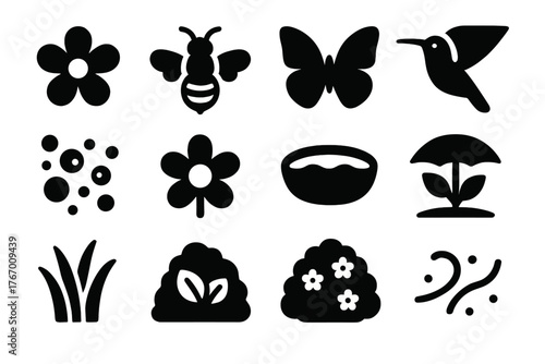 Pollinator Habitat Icons. Solid style icons of Pollinator Habitat: nectar flower, garden bee, butterfly, hummingbird, pollen dust,