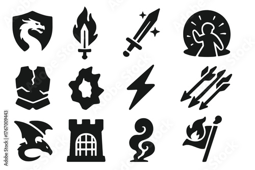 Dragon Battle Icons. Solid style icons of Dragon battle and defense: knight shield, flaming sword, enchanted spear, magic barrier,