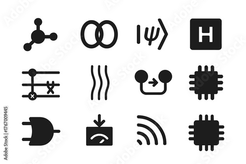 Quantum Computing Icons. Solid style icons of Quantum Computing: qubit node, entanglement loop, superposition symbol, quantum gate