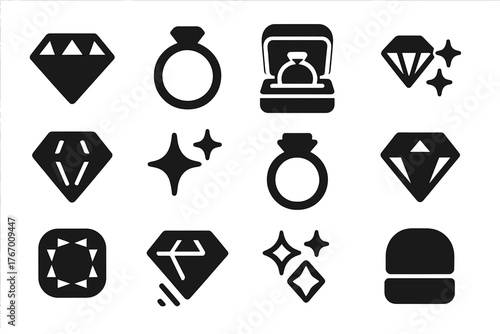 Diamond Icons Collection. Solid style icons of Diamond: diamond facet, engagement ring, jewelry box, light brilliance, gemstone