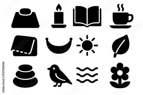Icons of Peace. Solid style icons of Peaceful Moments: Meditation Mat, Candle, Book, Tea, Blanket, Hammock, Sun, Leaf, Stone, Bird