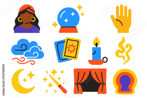 Mystical Icon Set. Flat vector icons of Fortune Telling Scene: fortune teller, crystal ball, hand, mist, tarot deck, candle, stars