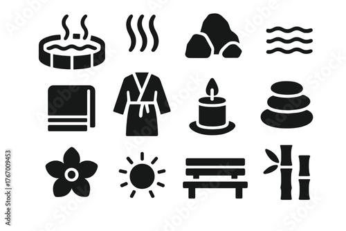 Hot Spring Icons. Solid style icons of Hot Spring Resort: Pool, Steam, Rock, Water, Towel, Robe, Candle, Massage Stone, Flower,
