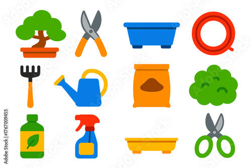 Vibrant Bonsai Icons. Flat vector icons of Bonsai Gardening: bonsai tree, pruner, pot, wire, miniature rake, watering can, soil