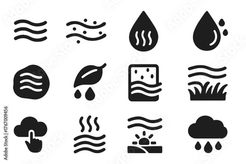 Mist and Moisture Icons. Solid style icons of Mist and Moisture: fog layer, light mist, humid air, condensation drop, wet stone,