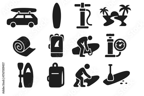 Paddleboard Prep Icons. Solid style icons of Paddleboard transportation and prep: car roof rack, deflated board, air pump, rolled