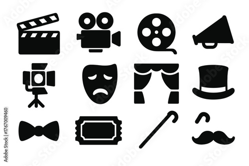 Movie Production Icons. Solid style icons of Movie Production: Clapboard, Camera, Film Reel, Megaphone, Spotlight, Thespian, Stage