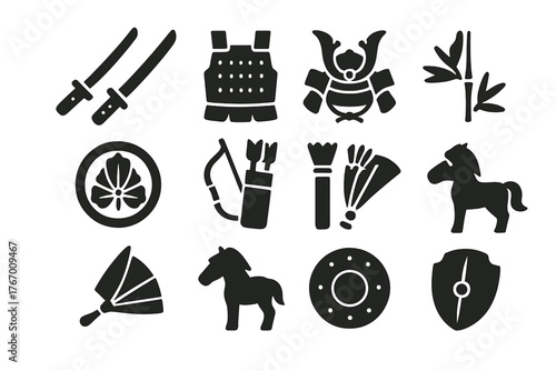 Warrior Essentials Icons. Solid style icons of Warrior Essentials: Katana, Wakizashi, Armor, Kabuto Helmet, Mon Crest, Bow, Quiver