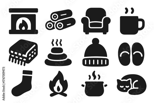 Cozy Cabin Icons. Solid style icons of Cabin comfort and warmth: glowing fireplace, stacked logs, soft chair, tea mug, knit