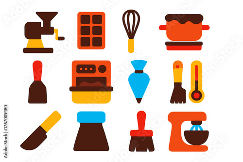Chocolate Tool Icons. Flat vector icons of Chocolate Tools: grinder, mold, whisk, double boiler, spatula, tempering machine,