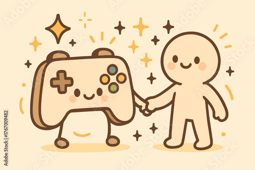 Controller and Avatar Bonding. Sweet doodle vector illustration of a controller holding hands with an avatar, while doodle