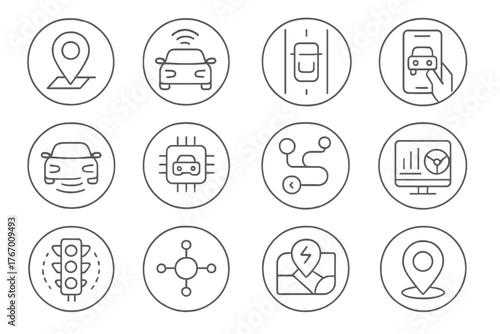 Smart Transportation Icons. Line style round icons of smart transportation: GPS pin, self-driving car, lane assist, ride-hailing