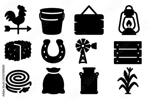 Rustic Farm Icons. Solid style icons of Rustic Farm Decor: weather vane, tin bucket, wooden sign, barn lantern, hay bale,