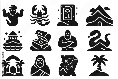 Mythical Desert Icons. Solid style icons of Mythical desert elements: desert spirit, golden scorpion, ancient relic, hidden temple