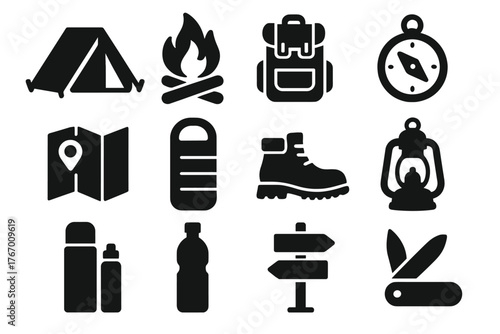 Camping Adventure Icons. Solid style icons of Camping Adventure: Tent, Bonfire, Backpack, Compass, Map, Sleeping Bag, Hiking Boots
