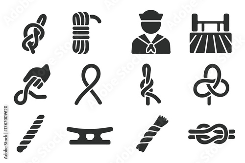 Nautical Knot Icons. Solid style icons of Nautical Knot: bowline knot, rope coil, sailor figure, ship deck, tying motion, looped